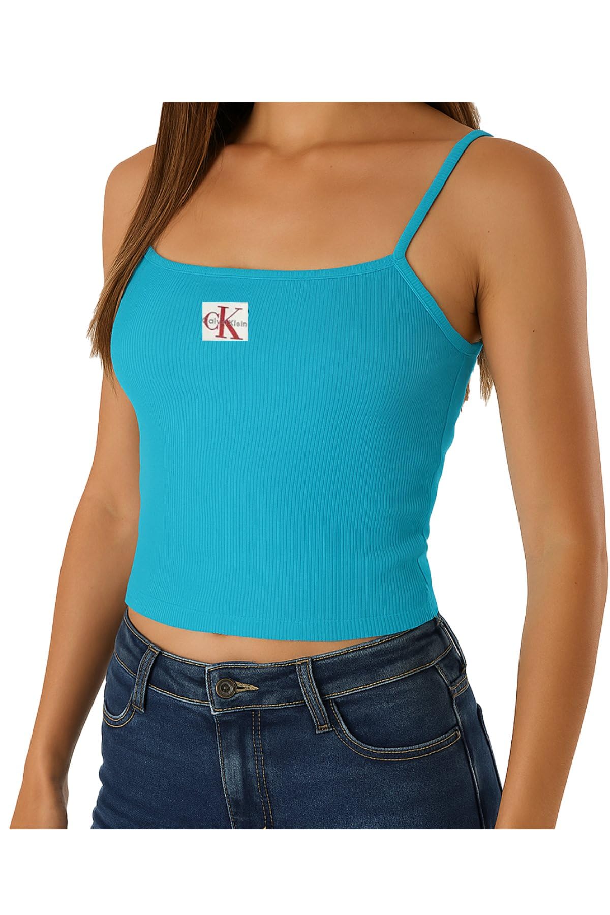 Calvin Klein Women’s Woven Label Rib Tank Top, Turquoise (Tuscan Teal), M