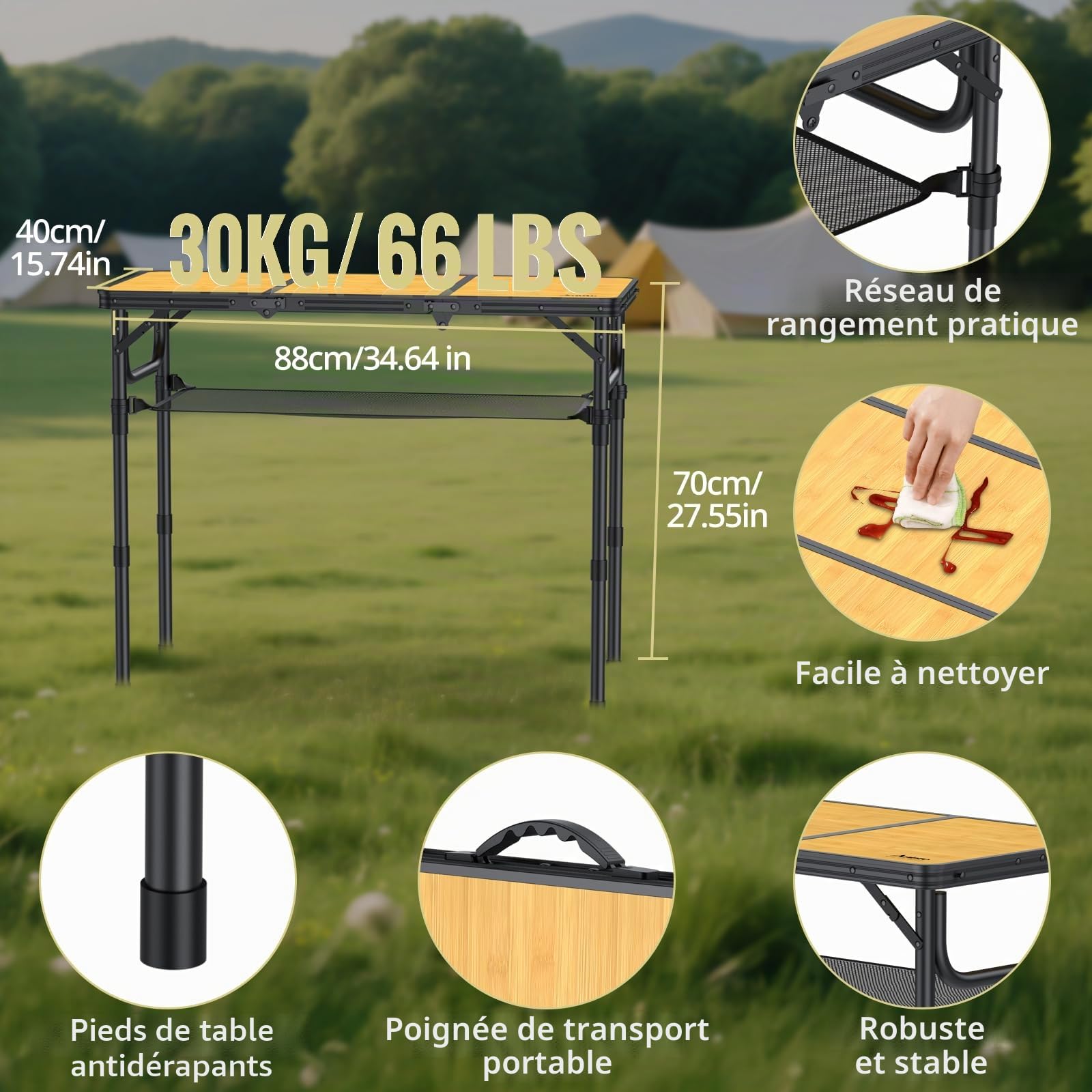 Anbte Table de Camping Pliante 60x40x26/48/70 cm en Aluminium Grain du Bois