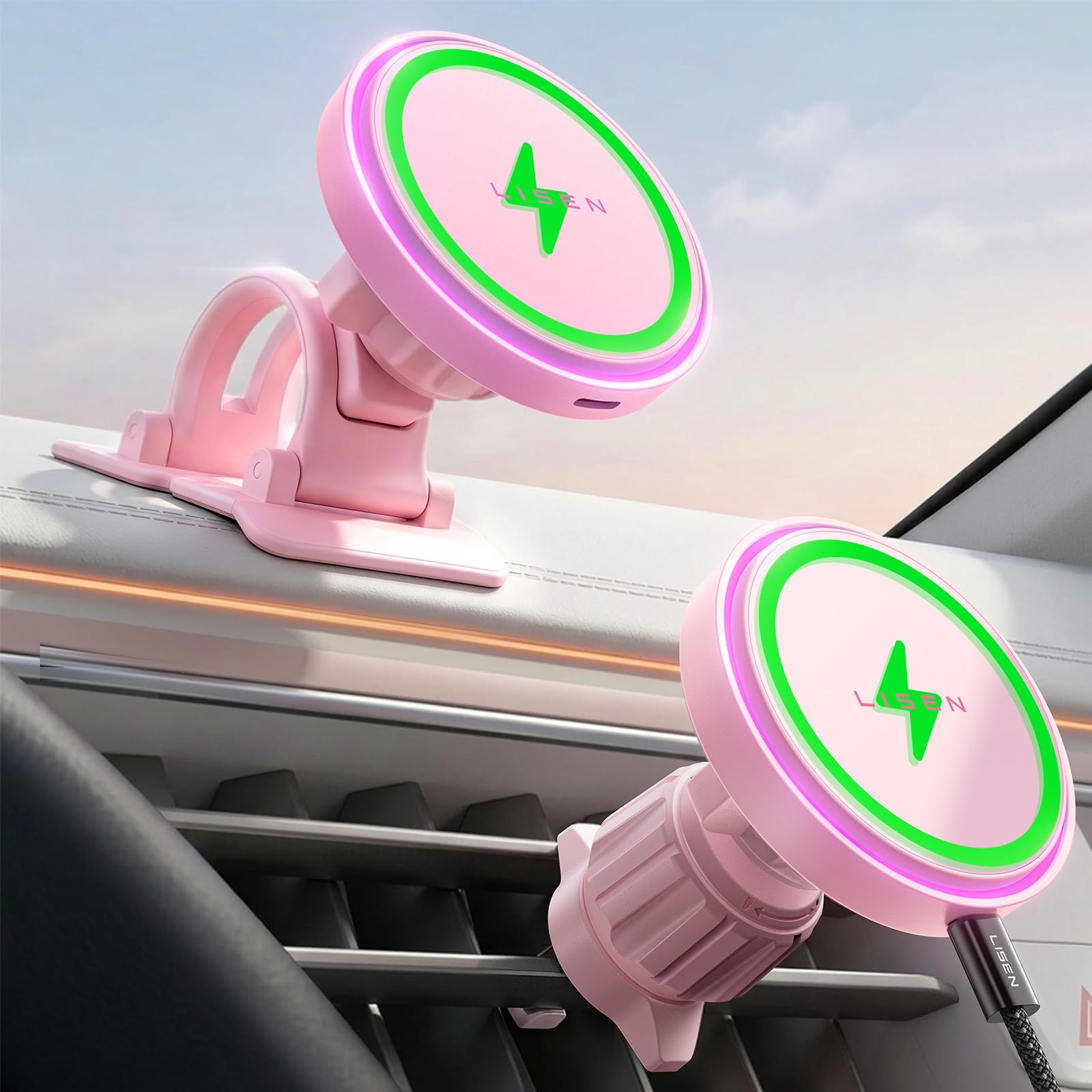 LISEN 15W MagSafe Car Mount Charger for iPhone 18 Pro Max, [Light Pink] Magnetic Wireless Car Charger, Dashboard &amp; Air Vent Car Phone Holder Mount for iPhone 17-12, Samsung, Car Accessories for Women
