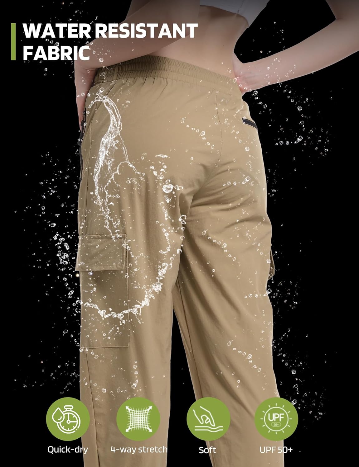 Buauty Womens Hiking Pants Pocketed Cargo Joggers Lightweight Quick Dry Waterproof Pants Elastic Waist Casual Travel Leggings Khaki - Image 5