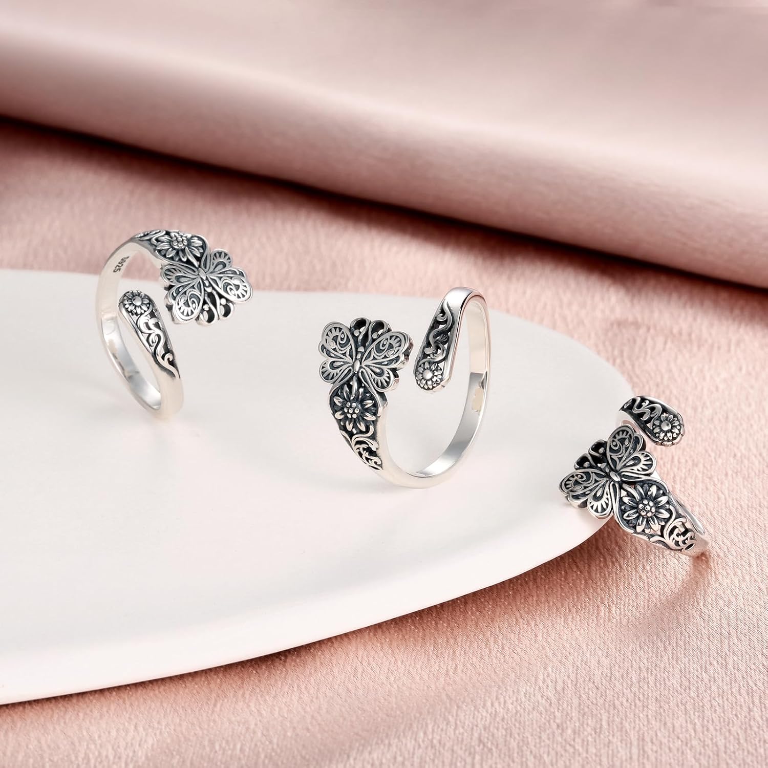 Sterling Silver Spoon Rings for Women: Vintage Butterfly Lotus Just Breathe Turquoise Dragonfly Cross Rose Vintage Antique Thumb Ring Jewelry Gifts for Mom Grandma