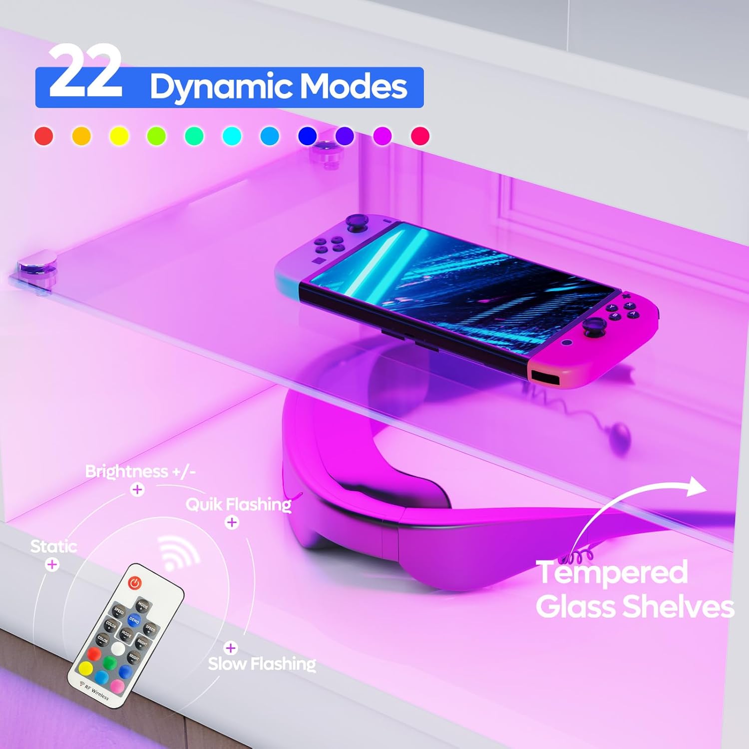 Close-up of the LED remote control and tempered glass shelves with colorful LED lighting, showing options for brightness and dynamic modes.