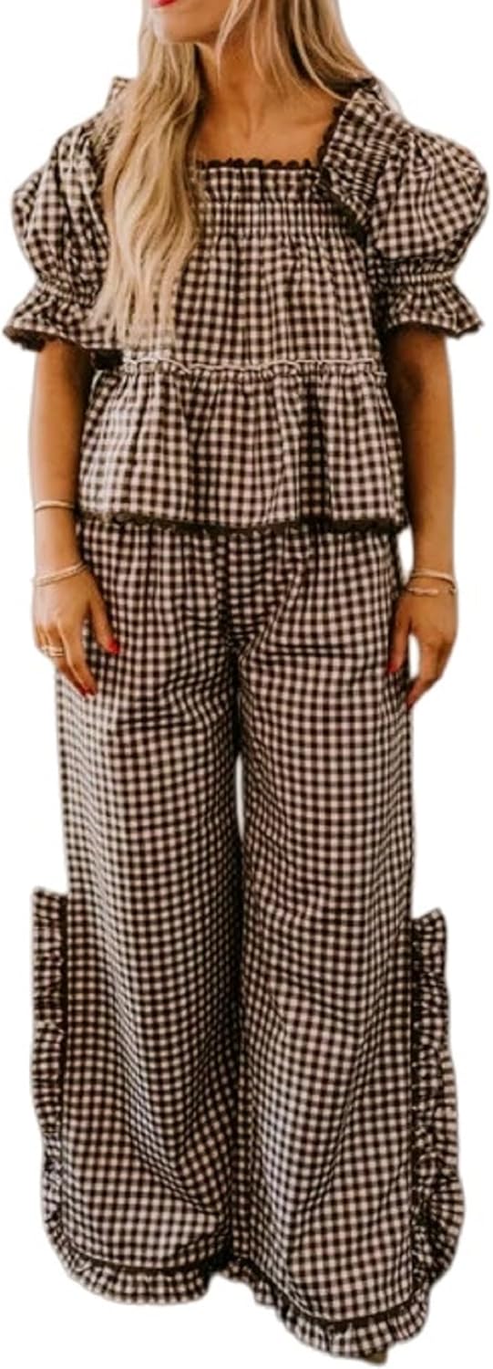 UAURORAO Women Plaid Ruffle Pajama Set Puff Short Sleeve Smocked Babydoll Top Slit Wide Leg Pants Sets Christmas Pjs