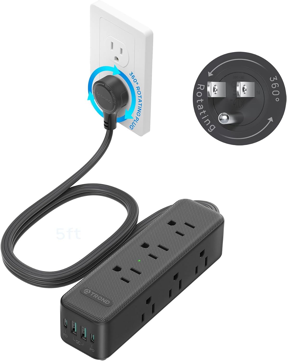 TROND 360° Rotating Flat Plug Power Strip 5ft with USB PD 20W, 9 AC, Black