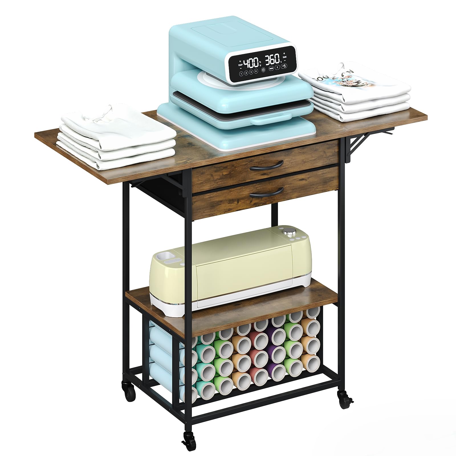 VENNQD - Soporte de mesa plegable para prensa de calor, carrito móvil con ruedas para máquina de transferencia de calor con 2 cajones de almacenamiento, compatible con soporte para rollos de vinilo Cricut, mesa de manualidades, banco de trabajo, color marrón rústico