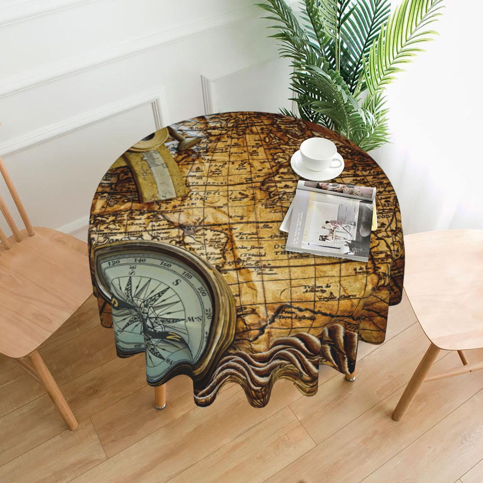 Uusnwaa Compass And Old World Map Print Round Tablecloth 60 Inch, Stain Wrinkle Resistant Washable Polyester Table Cover For Kitchen Party