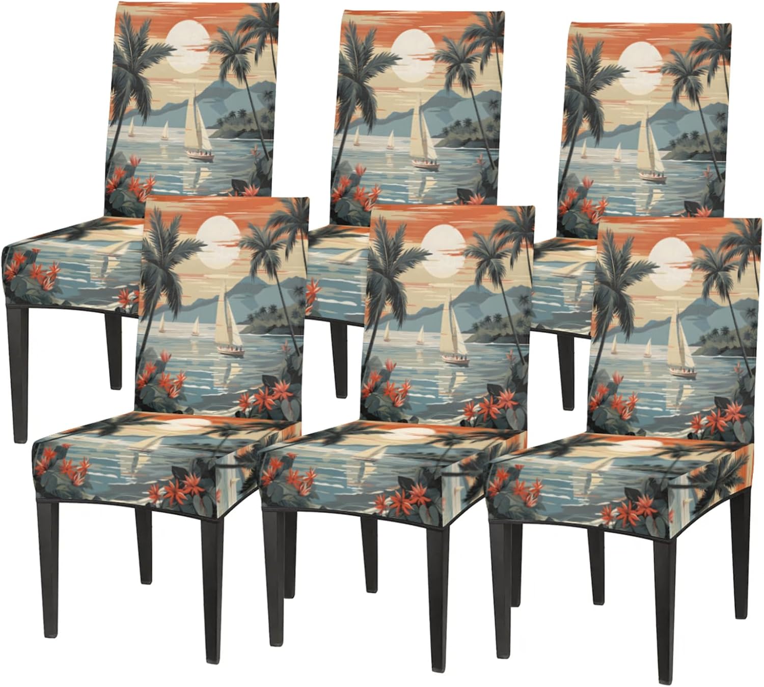 QsirBC Island Sailing Coconut Tree Stretch Dining Room Chair Covers Set of 4 Chair Slipcovers Removable Washable Kitchen Seat Covers Chair Protectors for Hotel Party Wedding