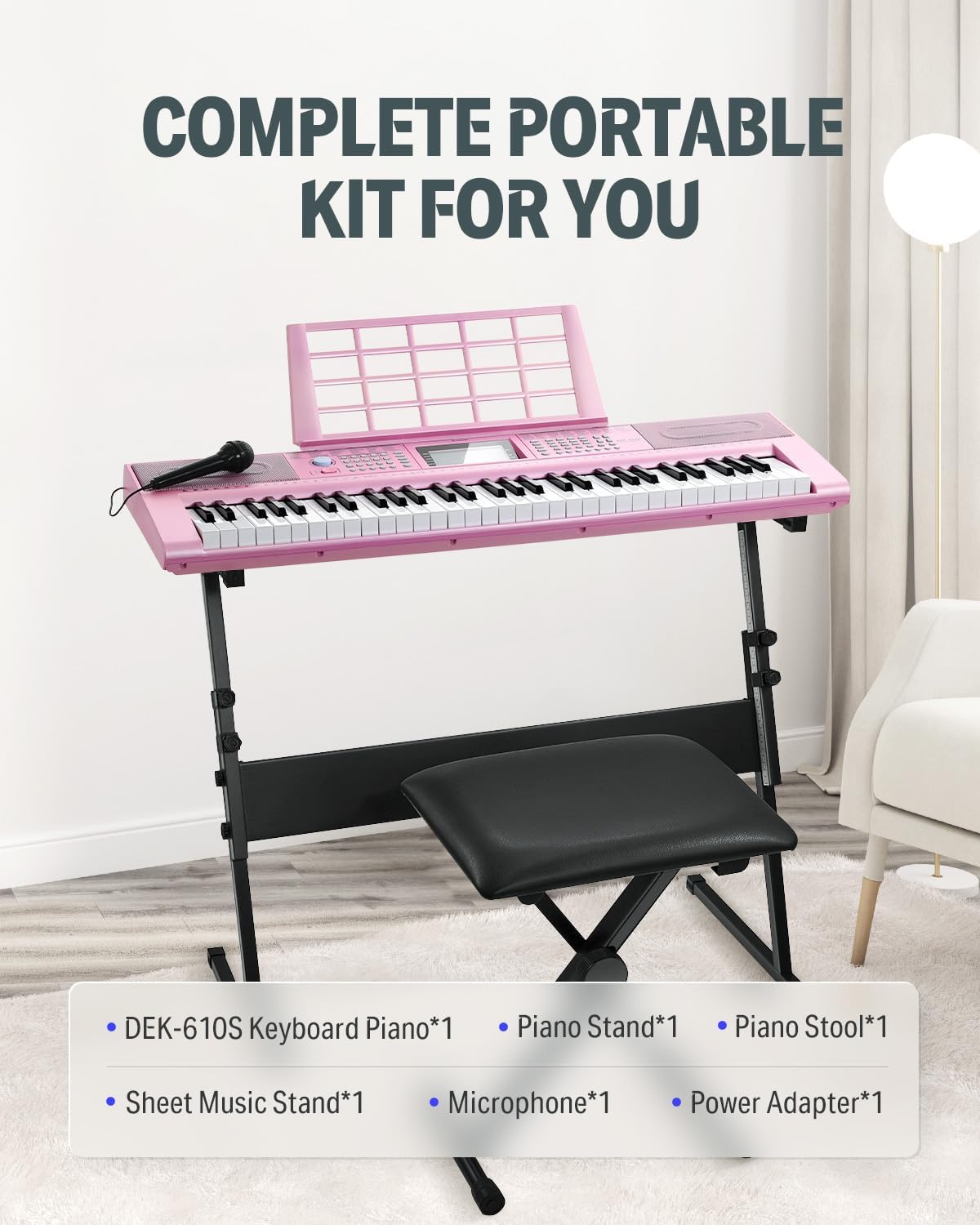 Donner DEK-610S Keyboard Piano Kit with stand, stool, and microphone in a room setting