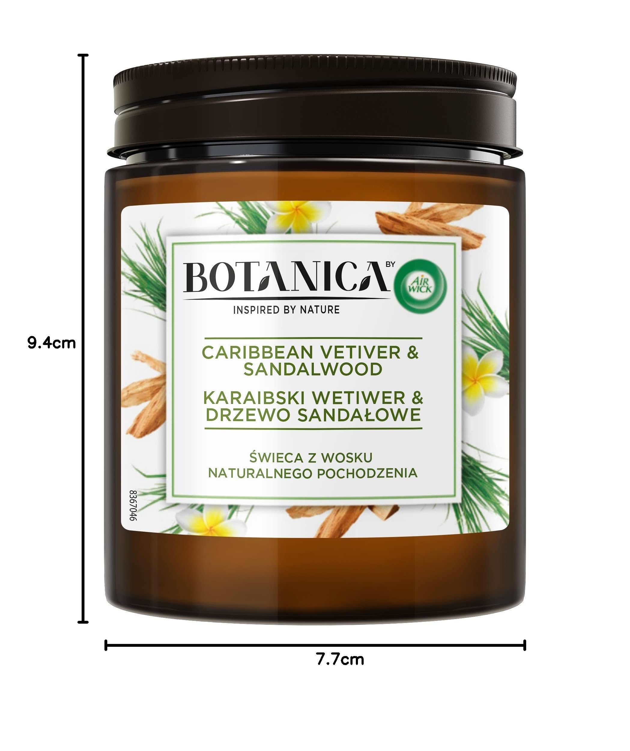 Air Wick Botanica Świeca zapachowa z wosku naturalnego pochodzenia o zapachu Karaibskiego Wetiweru & Drzewa Sandałowego 205 g