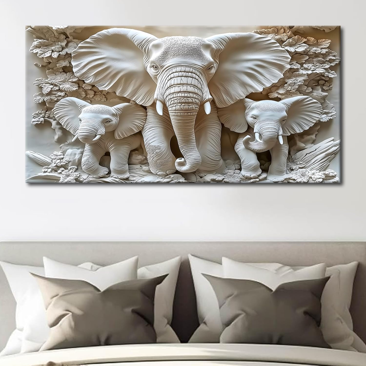 MooMel Large Framed Elephant Family Wall Art Canvas Wall Decor 29x58 Inch Abstract Nature Animal Landscape Wall Art for Living Room Bedroom Home Office Modern Wall Decor.