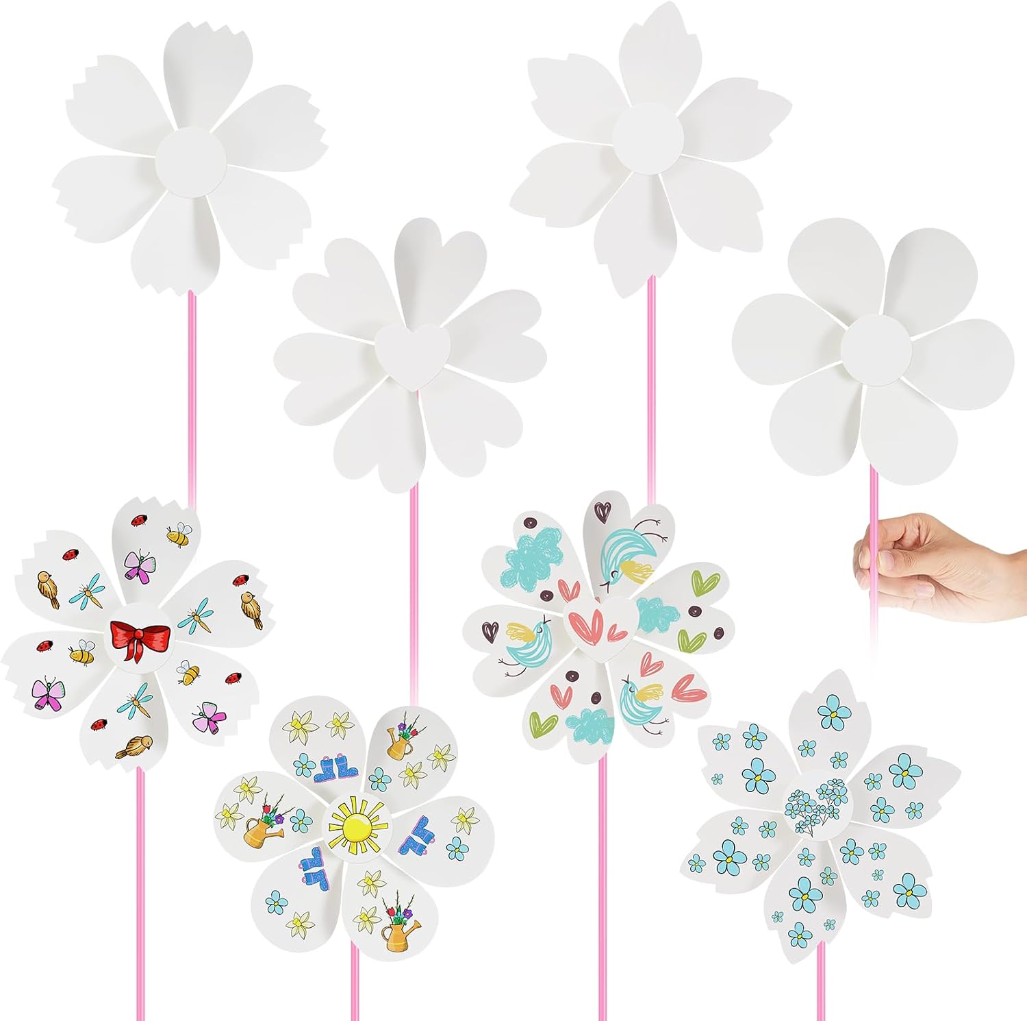 8 Pcs DIY Paper Pinwheels Bulk 8.6 Inch Color Your Own Pinwheel White Blank Paper Pinwheels Craft Kits Windsock Craft for Boys Girls Summer Activities School Group Daycare Home Project