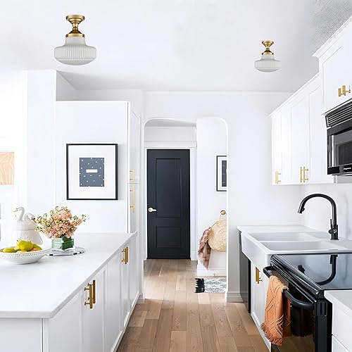 Miniatura 6 de CLAXY Lámpara de techo moderna dorada para colegio, montaje semiempotrado, lámpara de vidrio de leche para pasillo, entrada, dormitorio, cocina