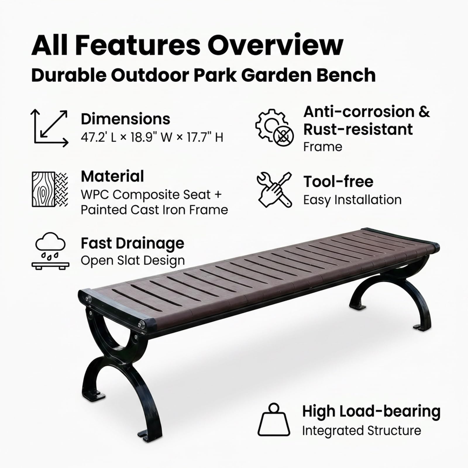 Banco Jardin Exterior 2 Plazas de Madera Sintética Polywood | Banco de Jardin con Estructura Robusta en Aleación de Aluminio, Terraza, Balcón, Porche(120x40x39cm)