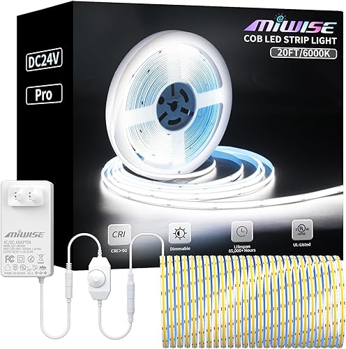 MIWISE COB - Tira de luz LED de 20 pies20.0 ft, CRI 90+ luz diurna cálida 6000 K de alto lumen regulable, súper brillante, flexible, DC24V, cinta de