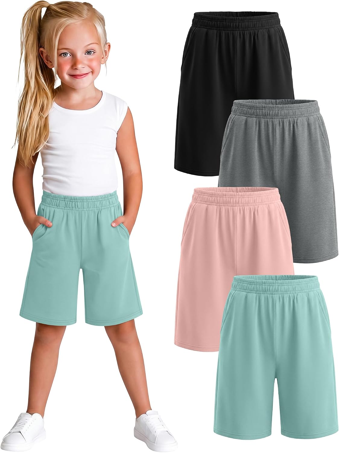Xaatren 4 Pack Girls Bermuda Shorts Kids Wide Leg Knee Length SweatShorts Athletic Loose Summer Long Shorts with Pockets