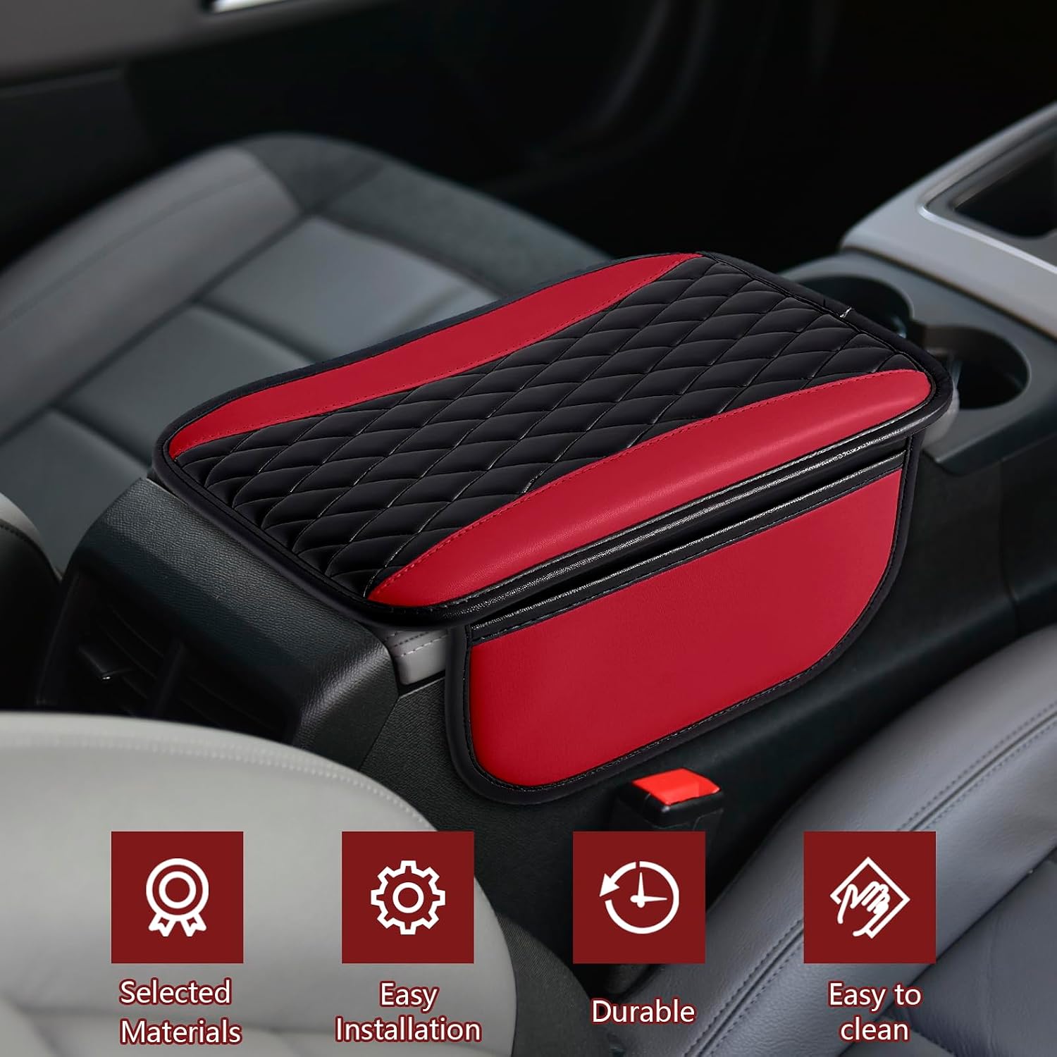 Huli Leather Car Center Console Cover with Side Storage Pockets,Stylish Armrest Cover for Car Seat Organizer,Car Decorations Interior Middle Console Protector Fit Car SUV Truck (BlackRed)