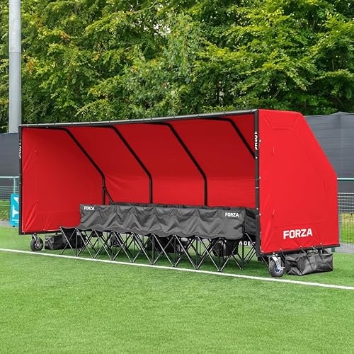 FORZA Steel50 Portable Soccer Dugout Team Shelter with Wheels (Red, 18 Seater Pro Bench)