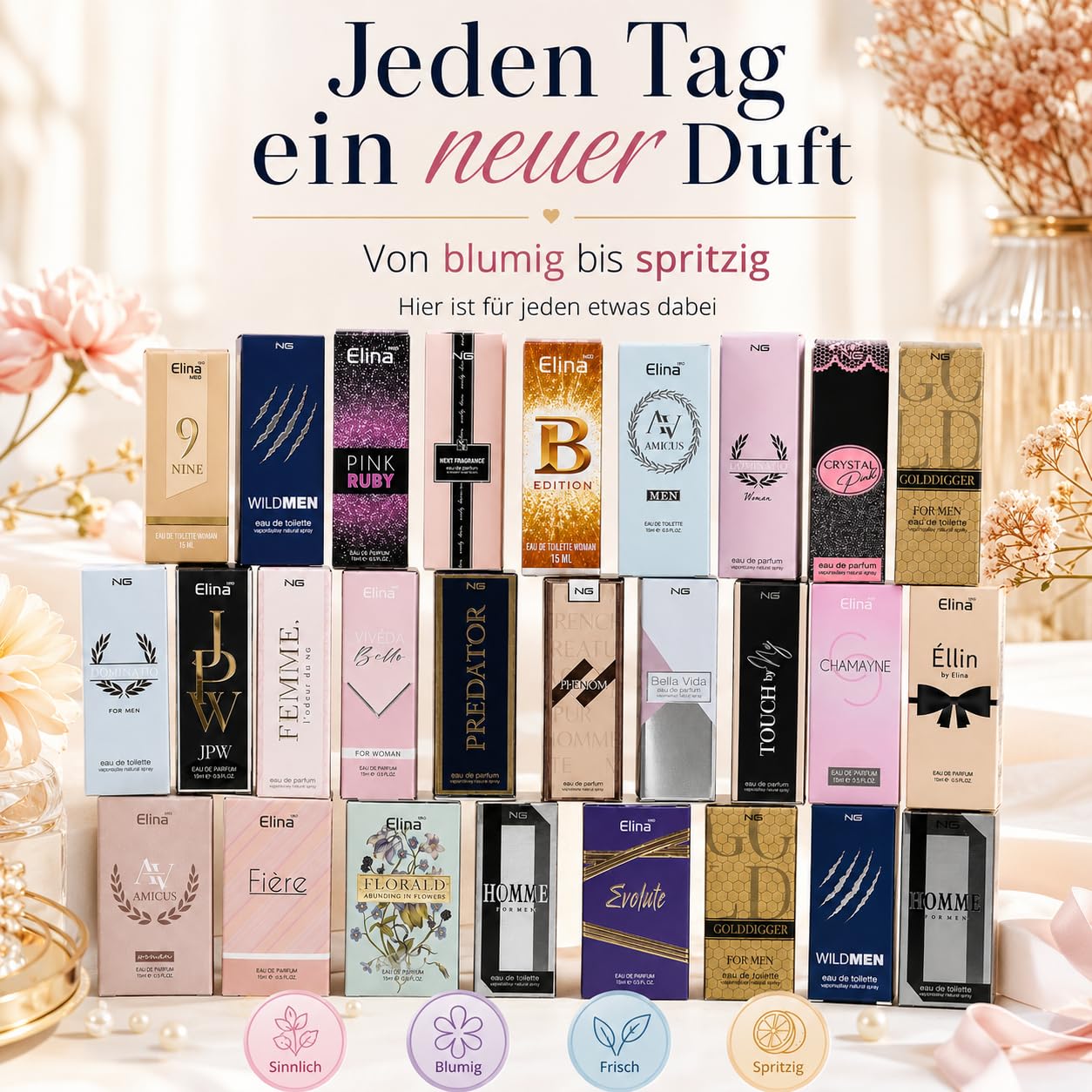 Trend Düfte Set 24 x 15 ml Parfüm für Damen Herren mit Spray Kopf Mini Flakon