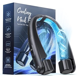 Ventilateur Portable de Cou Climatiseur Mobile avec Plaques Rafraîchissantes, 6000mAh USB Rechargeable, Affichage LED, Réglage de la Vitesse de 1 à 100, Sorties d'air Réglables, pour Bureau Voyage - Amazon product rated Grade A
