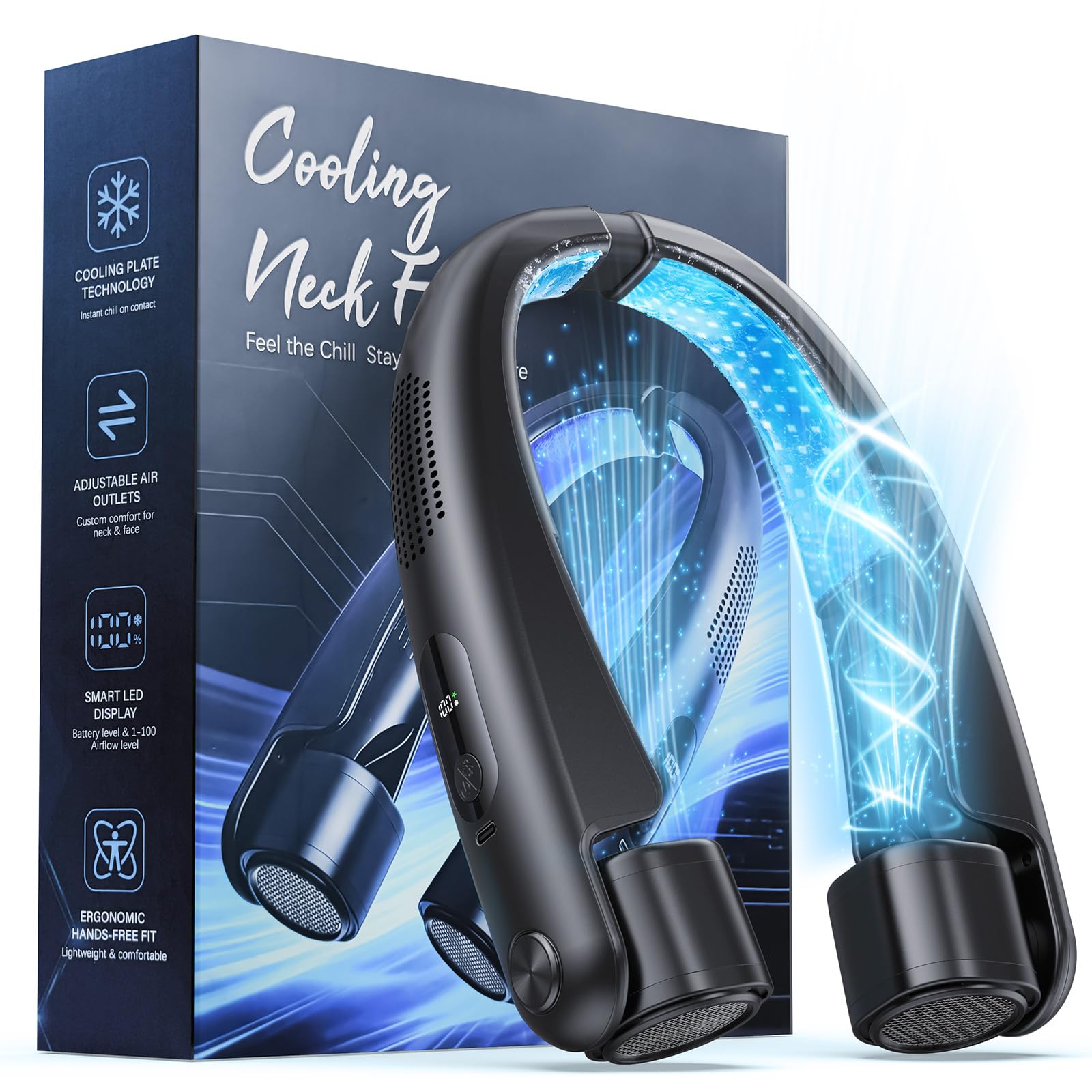Ventilatore da Collo Senza Pale, Flusso d'aria a 360°, Ricaricabile Tramite USB, Ventilatore da Collo 6000mAh con Piastre Rinfrescanti, Regolazione della Velocità da 1 a 100, Uscite D'aria Regolabili