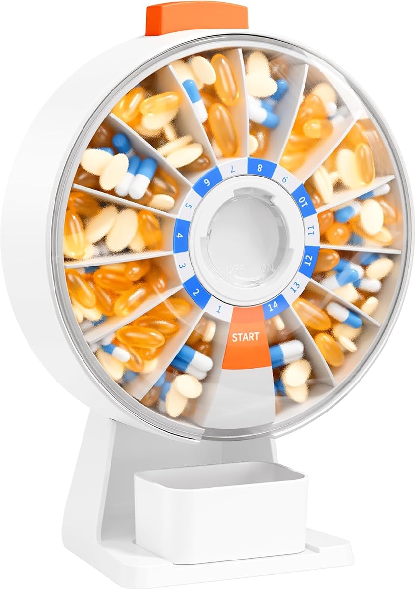 Daviky Pill Dispenser Daily, Large Pill Organizer with Wall-Mounted or Standing Use, 14 Days Pill Box, Push Button Design, Weekly Pill Organizer for Vitamin, Medicine.Supplement, Fish Oil