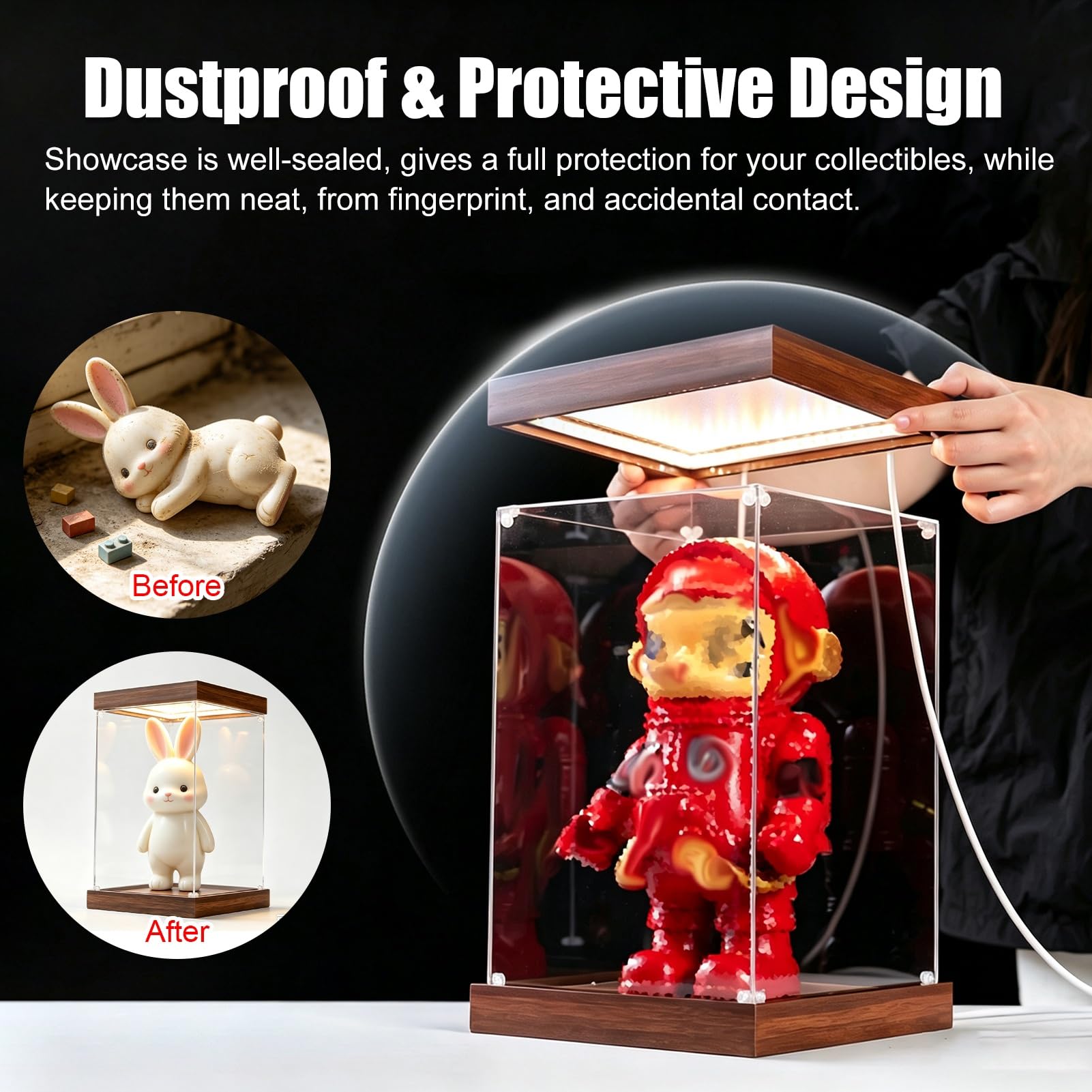 Teca Plexiglass Vetrina Lunga Trasparente Dimmerabile con Base e Coperchio | Grande Vetrina Antipolvere in Acrilico per Bambole e Statuette, Scatola Portaoggetti Illuminata(40x30xH30cm/16x12x12in)