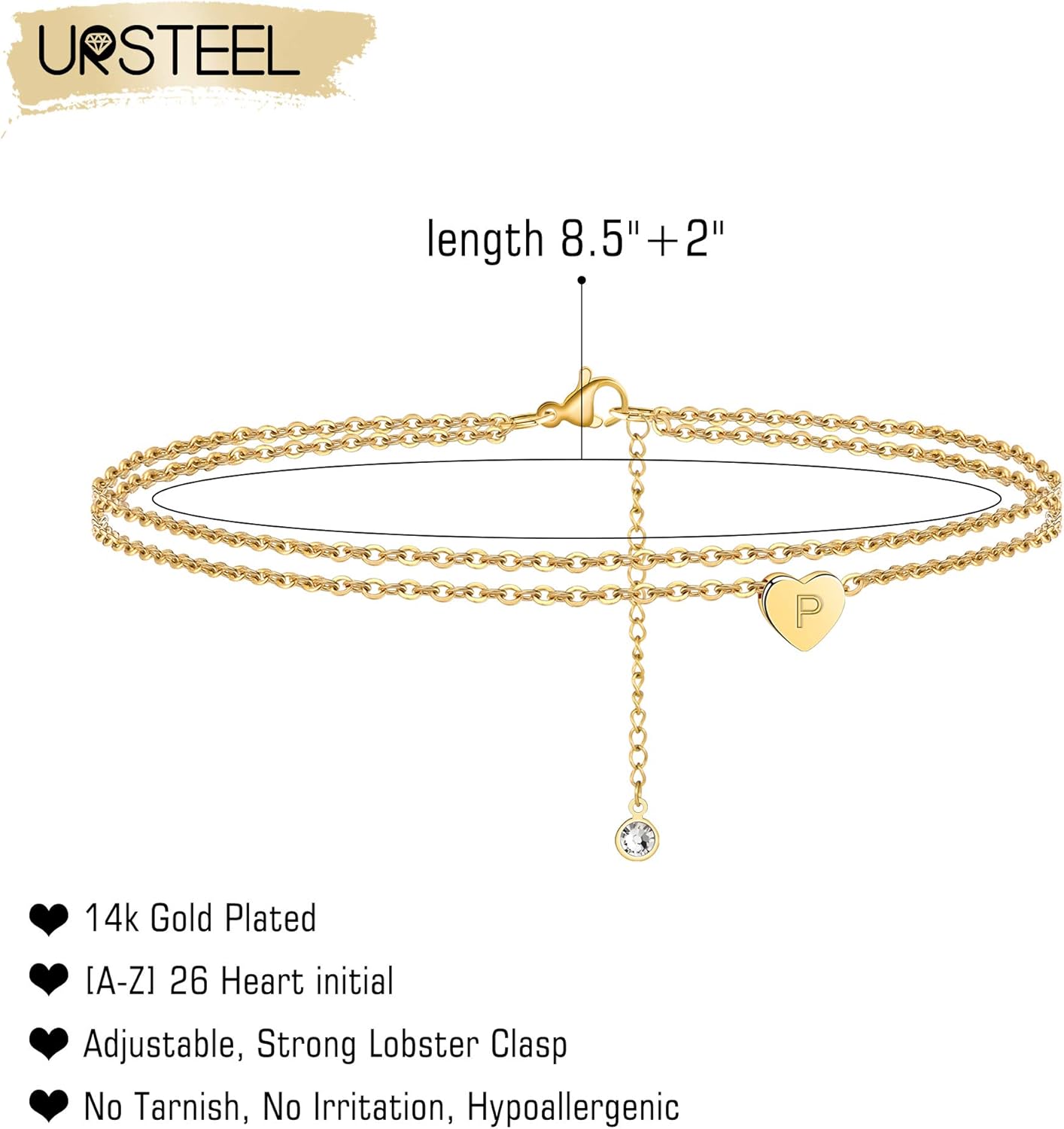 Ursteel Ankle Bracelets for Women, 14K Gold Plated Dainty Layered Heart Initial Anklets for Women Gifts - Image 2