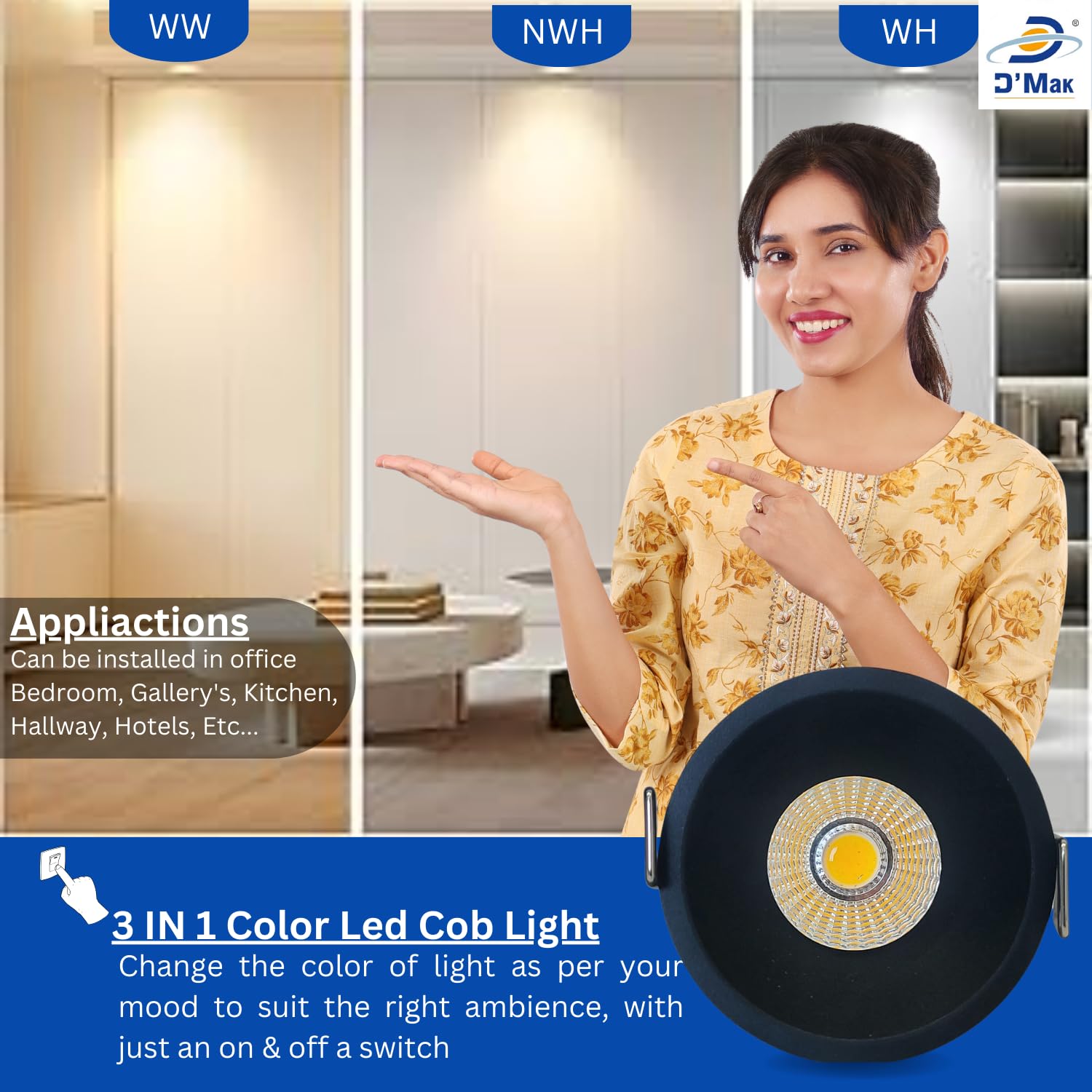 D'Mak 18W Black Body LED Deep COB Light | Recessed LED Ceiling Light for Indoor Lighting (3in1, Pack of 5) 3