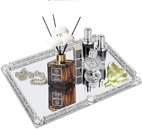 Bandeja de cristal de cristal, bandeja de tocador de espejo, bandeja de decoración dorada para tocador, bandeja de maquillaje cosmético para joyas,