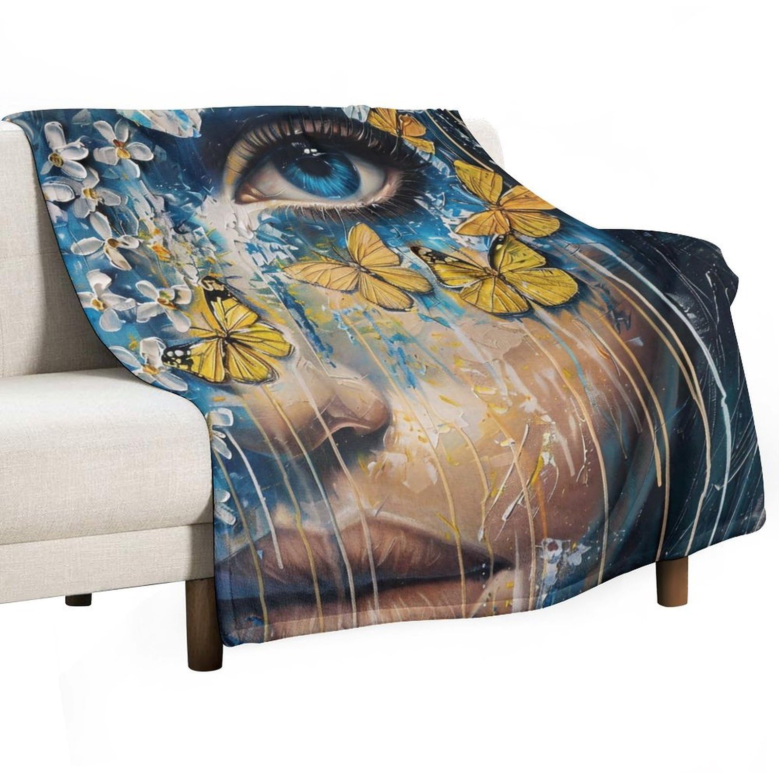YHGSREUOH Blue Eye Floral Butterfly Woman Surreal 02 Flannel Blankets Fleece Soft Throw Lightweight Plush Gifts for Couch, Bed, Cozy Sofa Plush, Chair, Lovers 175x200cm(70x80in)
