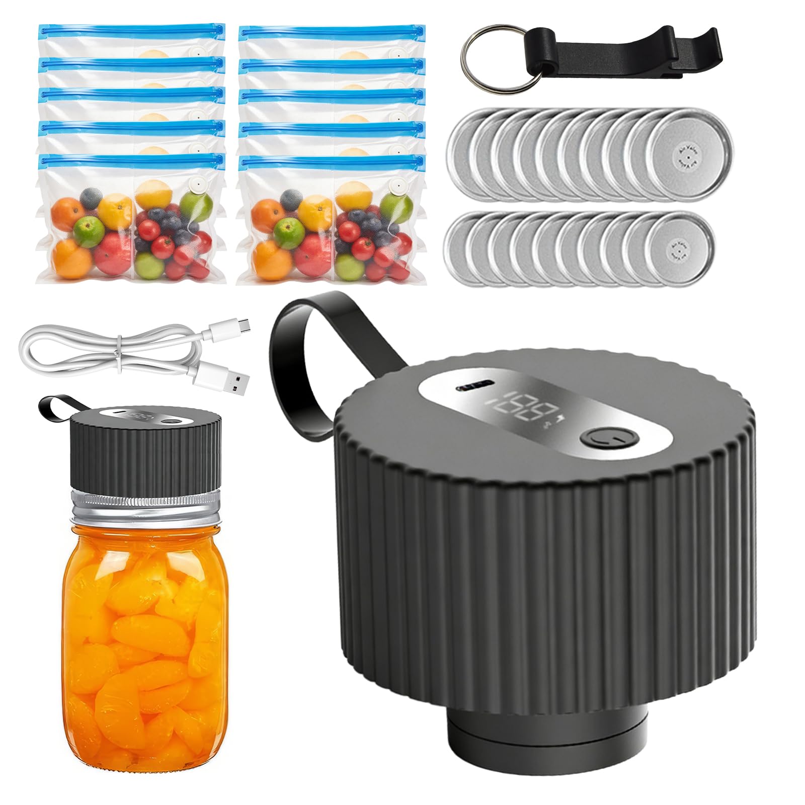 PORFOYO 3-In-1 Vakuumierer Für Gläser, Elektrischer Vakuumierer, Mason Jar Vakuum Sealer für breiter und normaler Öffnung, Inkl. 10 Beutel, Einmachdeckeln
