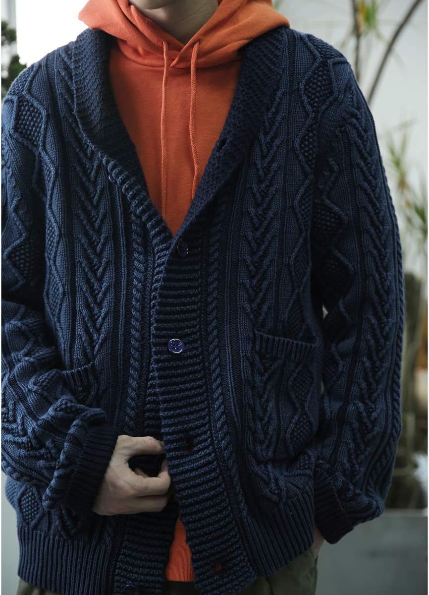 BOB Dong Men's Shawl Collar Indigo Cotton Cardigan