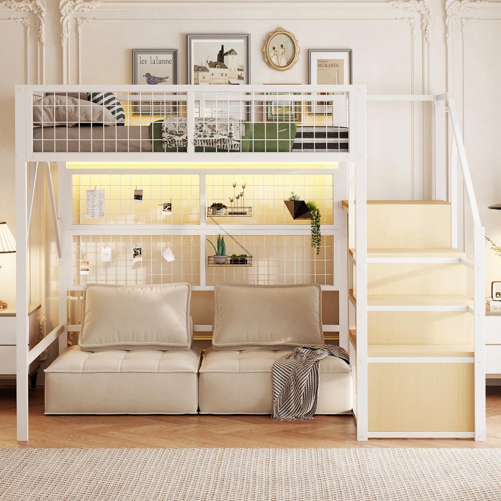 I0I&I0I Cama de metal de hierro para niños y jóvenes con tiras de luz LED, escalera con espacio de almacenamiento, armario abierto, color negro, versátil 193 (blanco + metal + 140 cm x 200 cm)