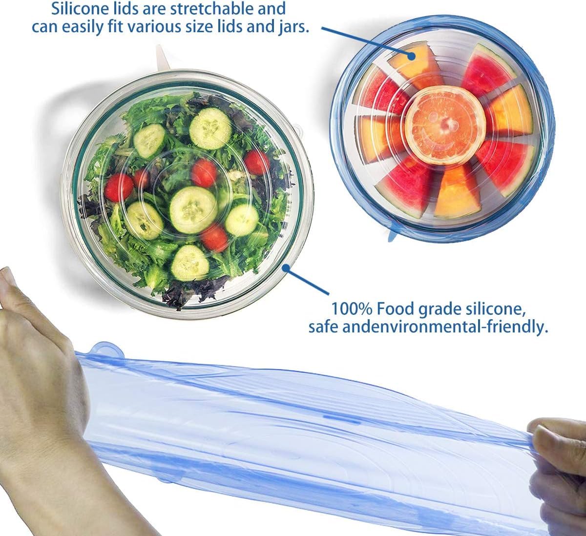 YAZJIWAN Silicone Stretch Lids, Durable & Eco-Friendly Elastic Lids Reusable Heat Resistant Various Sizes Cover for Bowl (Blue+white-12pack) 1