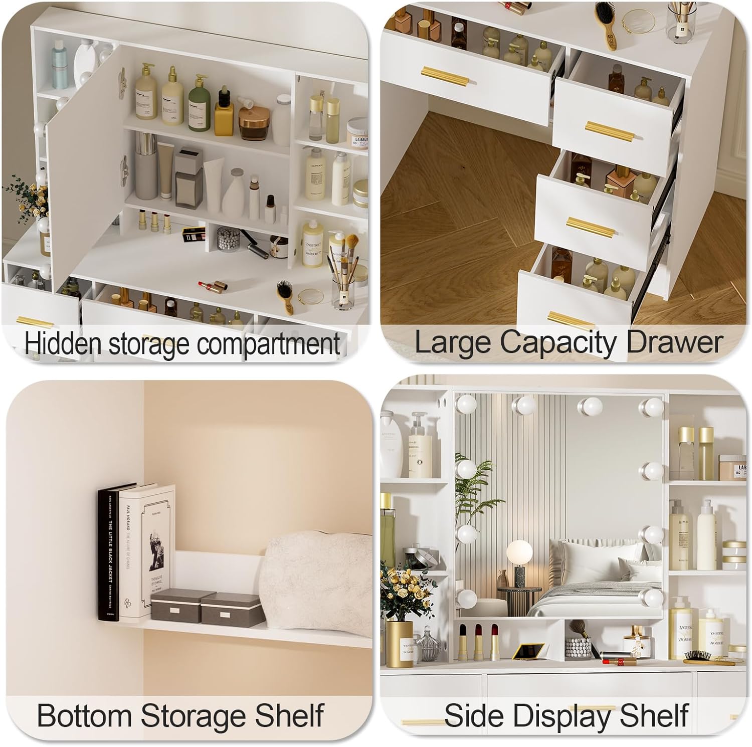 Large Vanity Table, White Vanity Set with Mirror and Lights, 7 Drawers 8 Shelve Makeup Desk with Metal Handles for Girls and Women, White 3240