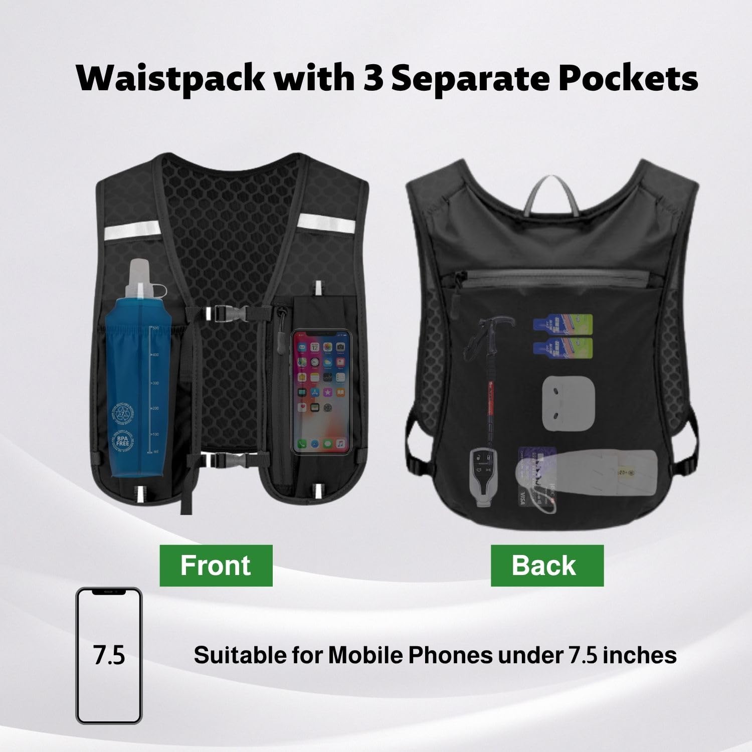 Gilet de course pour homme et femme - Gilet de course avec gourde de 500ml - Réfléchissant - Avec support pour téléphone portable - Gilet d'hydratation pour la course à pied - Pour cyclisme, randonnée - 4