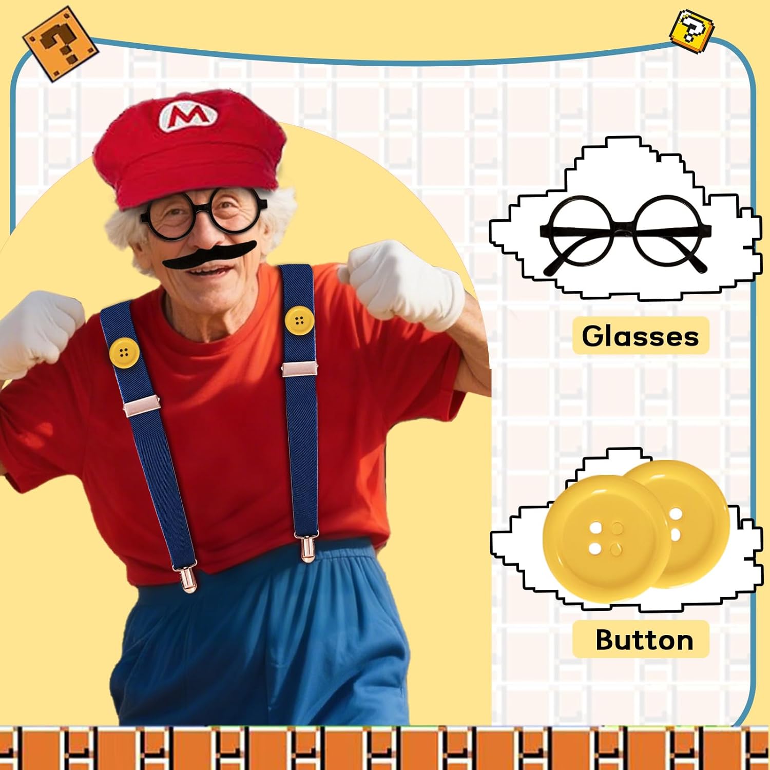 Super Bros Costume Kit with Hat, Mustaches, Suspenders, Gloves Buttons ang Glasses frame for Halloween, Cosplay and Christmas - Image 4