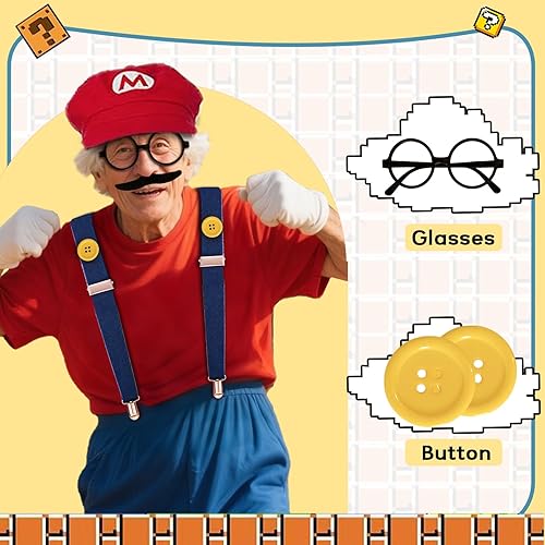 Miniatura 4 de Super Bros Costume Kit with Hat, Mustaches, Suspenders, Gloves Buttons ang Glasses frame for Halloween, Cosplay and Christmas