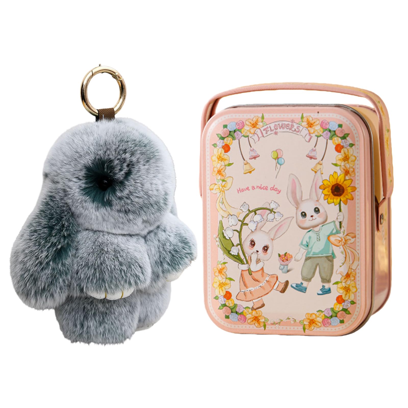 Carino Soft Fuzzy Bunny Keychain with Exquisite Tin Box Bunny Doll Pendente Portachiavi Coniglio Charm Easte