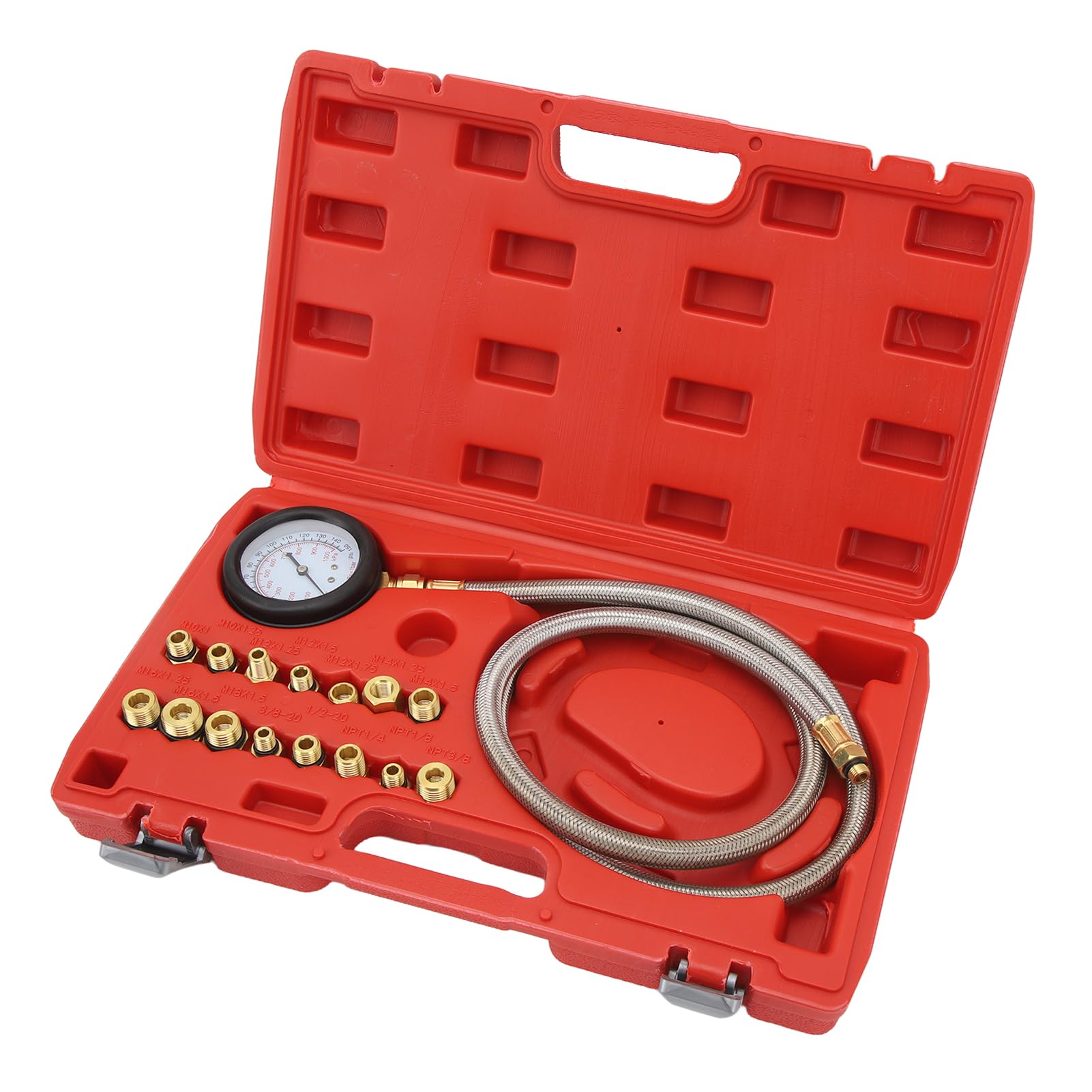 VOBOR Öldruckprüfgerät, Öldruckmessgerät-Set Mit 15 Adaptern, 0 Bis 150 PSI, Manometerskala, Flexibles Rohr-Druckprüfgerät, Universell Für Fahrzeuge