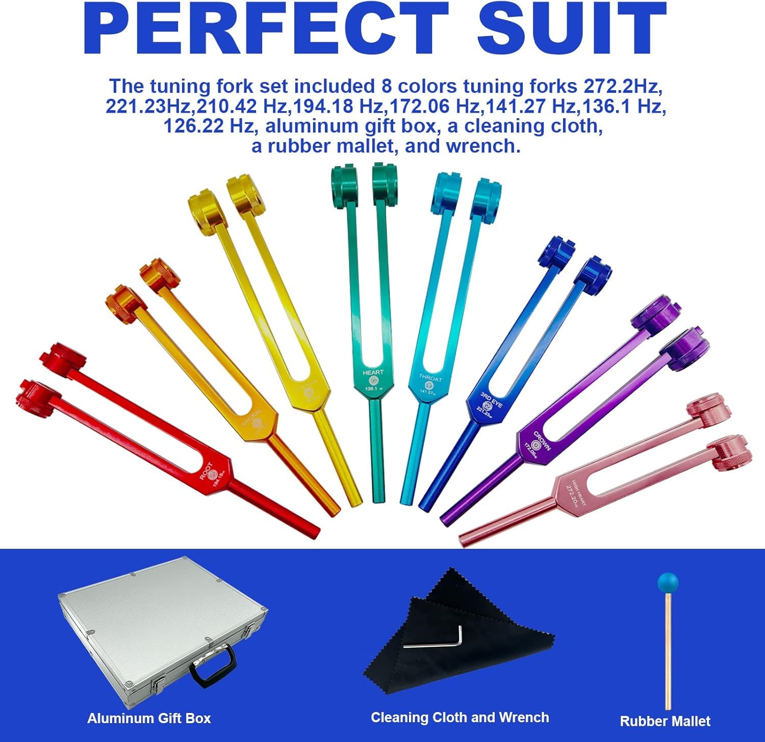 Diapason Therapeutique, Diapasons avec 1 Marteaux en Silicone et Chiffon de Nettoyage, Set de 8 Diapasons de Fréquences Différentes Idéal pour la Thérapie des Chakras, le Soulagement Stress