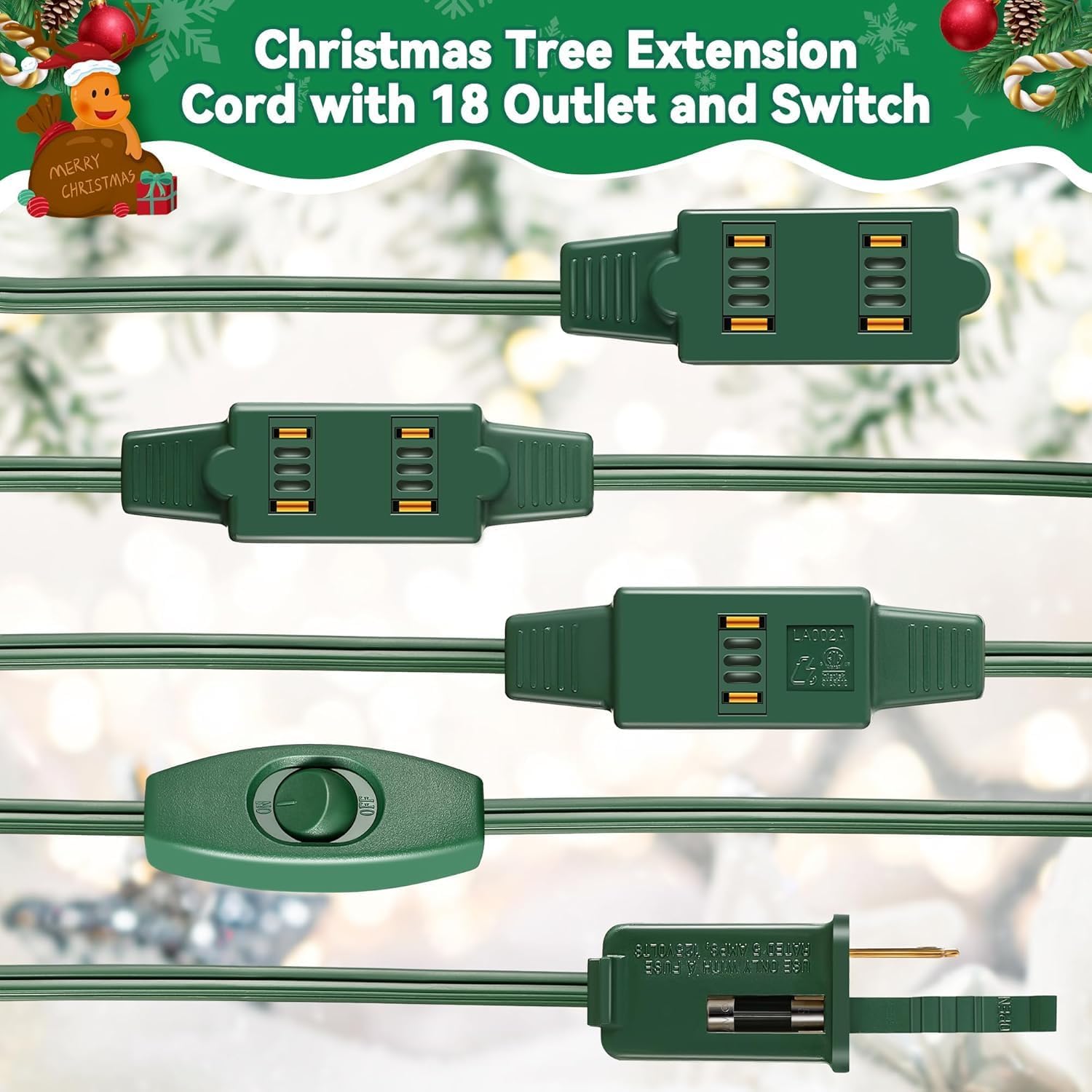2 Pcs 26 Ft 18 Outlet Green Christmas Tree Extension Cord with Outlet and Switch, Xmas Tree Lights Extension Cord with Safety Fuse Male Plug for Home Office Christmas Holiday Lights