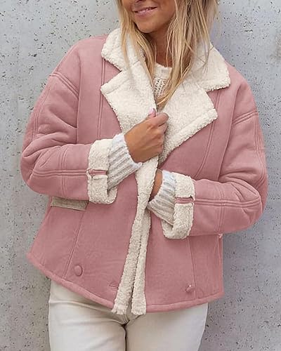 Miniatura 4 de PRETTYGARDEN Abrigos de invierno de gamuza sintética para mujer, chaqueta con forro polar y bolsillos de solapa de piel sintética, ropa de abrigo