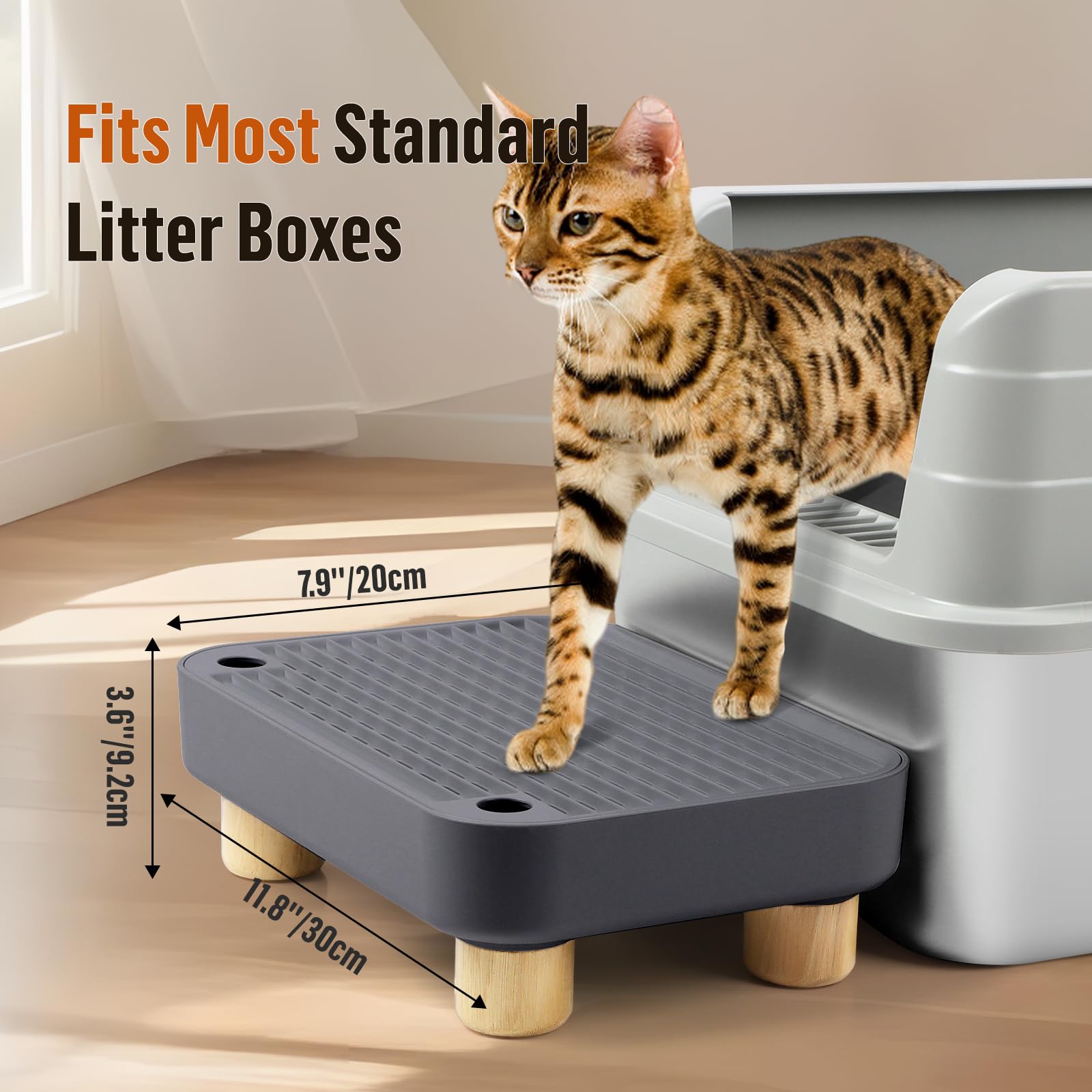 Erhöhte Katzenklo-Rampe, Katzentreppe mit Holzfüßen, Katzenstreu-Filterpedal für automatische selbstreinigende Roboter-Katzentoilette, ideal für Kätzchen und ältere Katzen(Dunkelgrau)