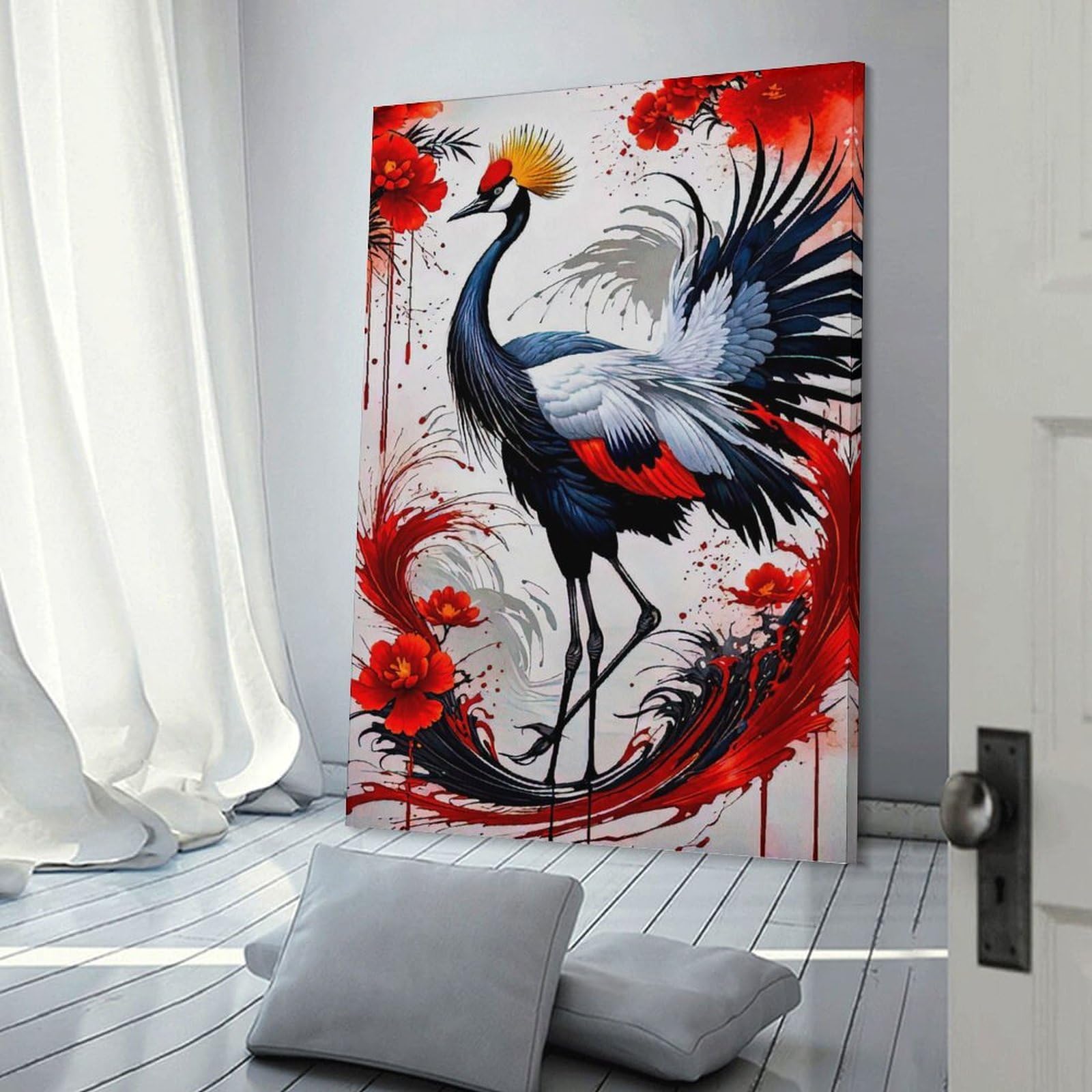 Junmoney Wall Picture Print Japanese Crane, 24x36inch(60x90cm), for Wall Displays, Bedrooms Or Room Updates, Wall Decor Suited to Curated Displays