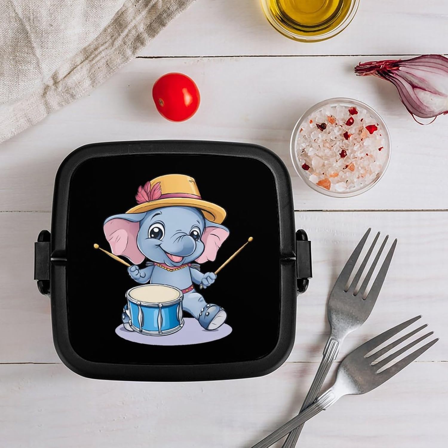 Elephant Drumming Bento Box with Spoon 2 Layer Food Container Cute Lunch Box for Travel Dining Work