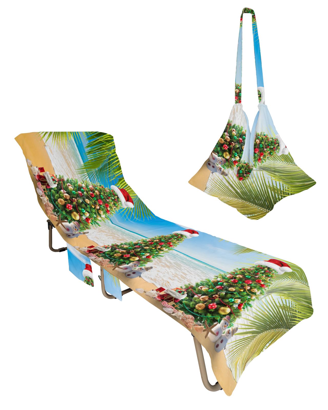 Coastal Christmas Tree Beach Lounge Chair Towel Cover, Soft Chaise Lounge Towel with Side Pockets Patio Pool Chairs Cover for Beach/Pool Sunbathing 29x85 Xmas Tree Balss Snowman Beach