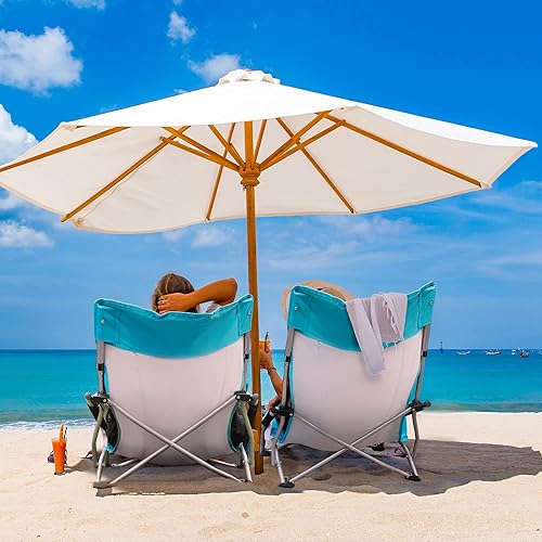 Miniatura 2 de HAUSHOF Silla de playa con respaldo alto, silla plegable con respaldo de malla, sillas de camping ligeras de asiento bajo y mesa de picnic portátil