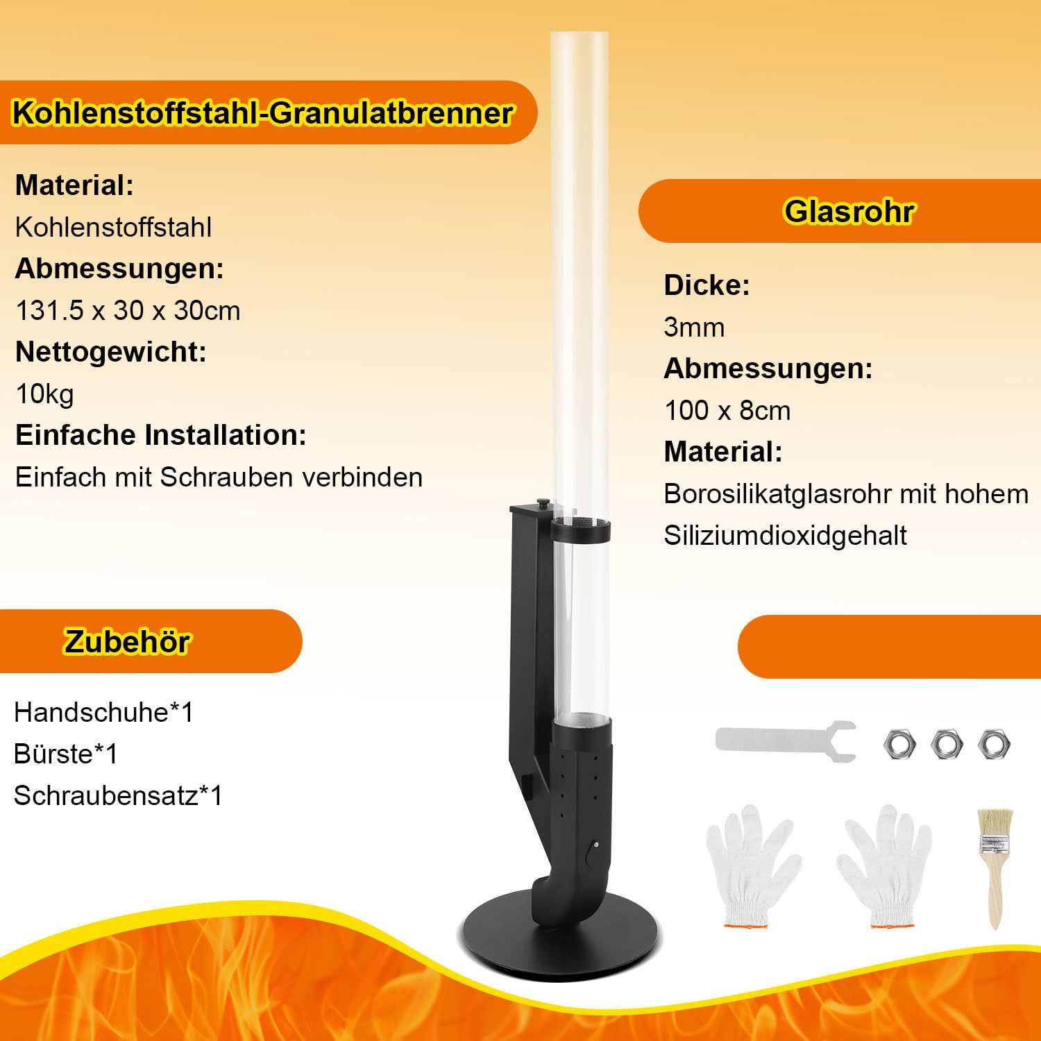 Bruciatore a pellet in acciaio nero 100 cm con vetro borosilicato, valvola combustibile regolabile