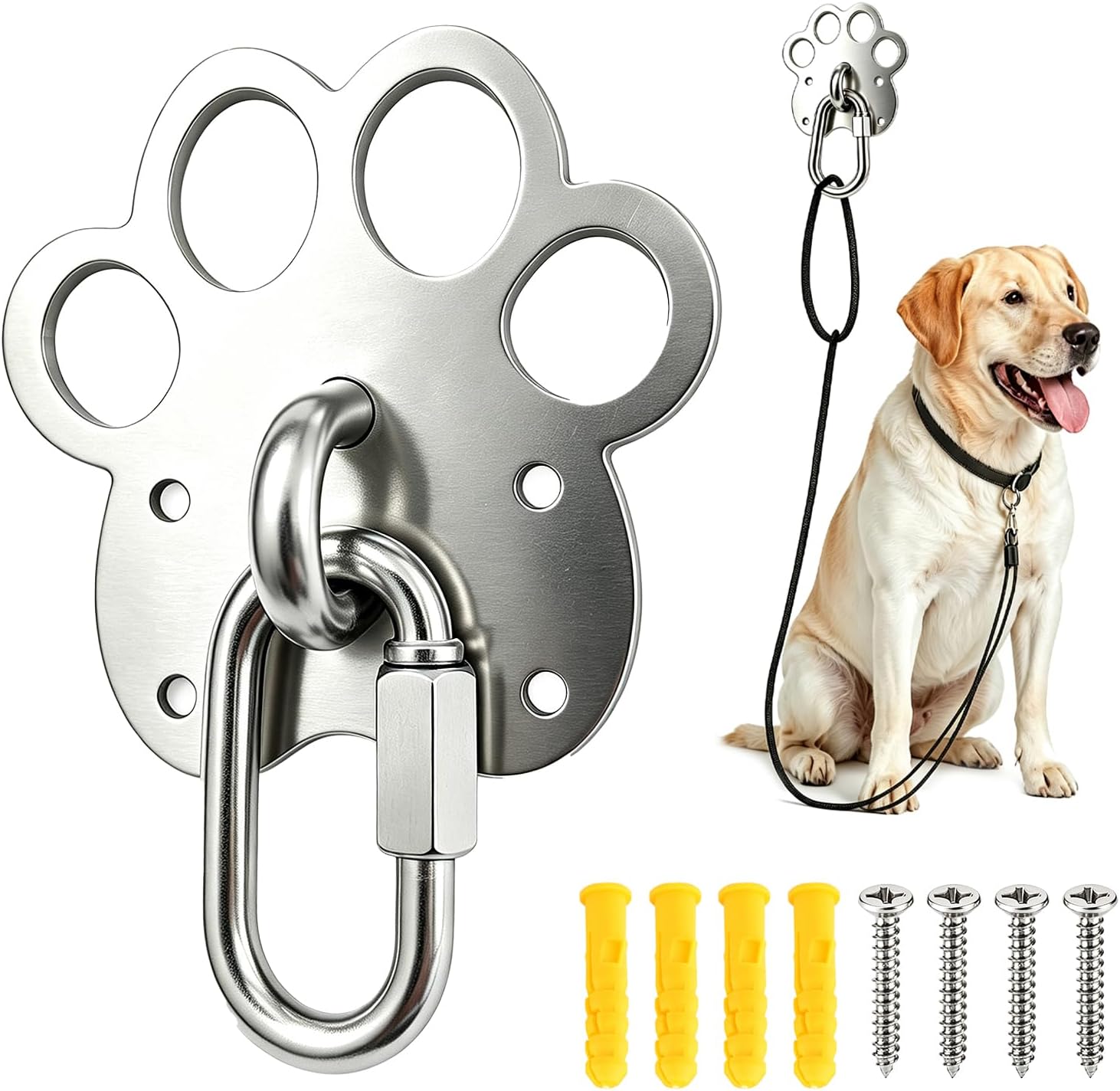 304 Stainless Steel Wall‑Mount Tie‑Out Hook w/Clip for Dogs Up to 500 lbs